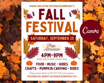 Editable Fall Festival Flyer, School Harvest Fundraiser, Canva