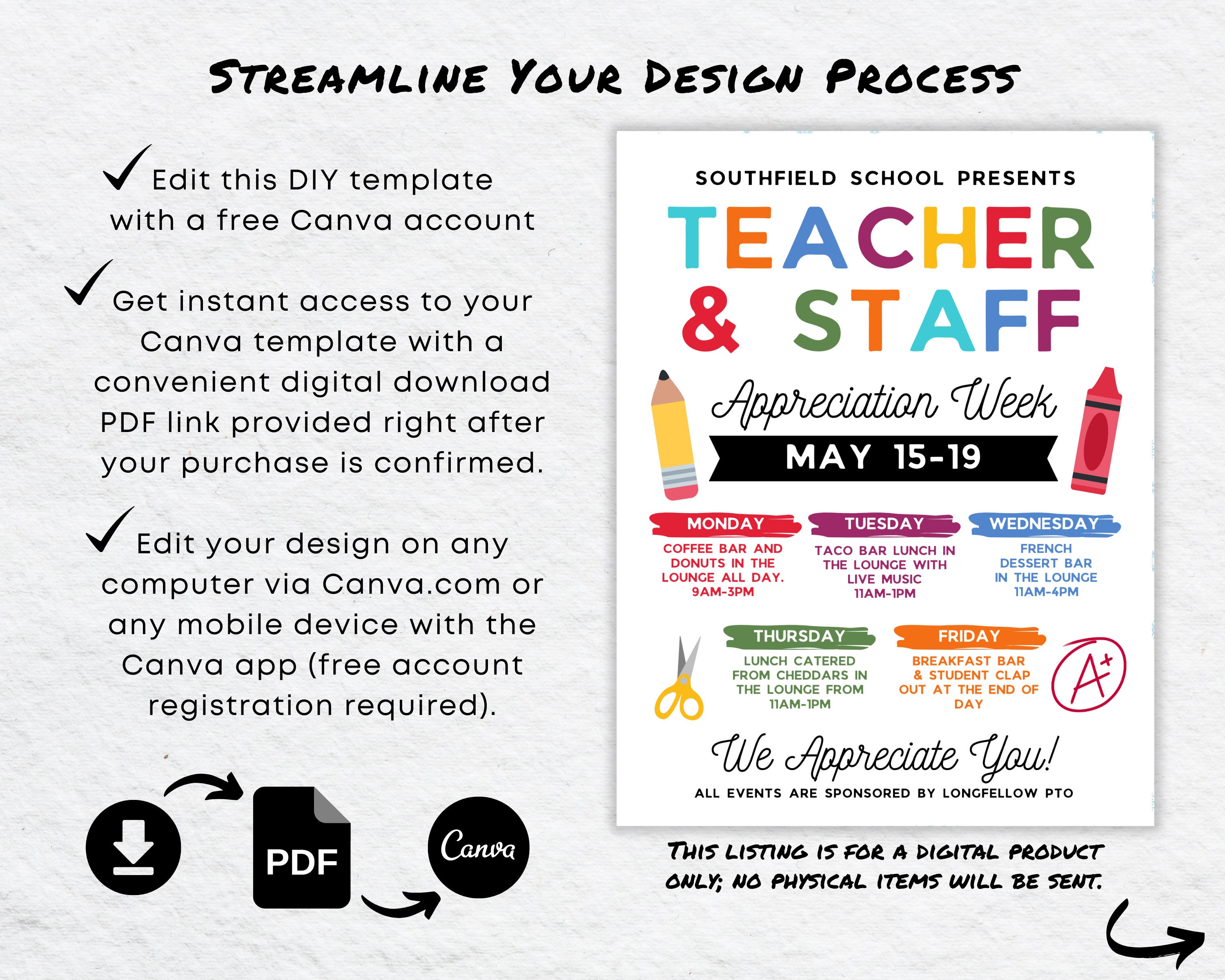 Editable Teacher & Staff Appreciation Week Flyer Itinerary Canva ...