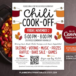 May include: A flyer for a Chili Cook-Off event with the text "Chili Cook-Off" in large, bold letters. The flyer includes event details such as the date, time, and location. It also lists activities like tasting, voting, music, prizes, raffle, bake sale, and games.