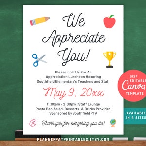 Puede incluir: Invitación imprimible para un almuerzo de agradecimiento a los profesores con una manzana roja, un lápiz, unas tijeras, un trofeo y una A. La invitación dice "We Appreciate You!" e incluye la fecha "May 9, 20xx".