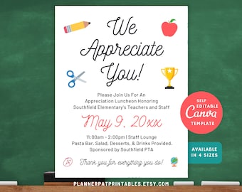 May include: Printable teacher appreciation luncheon invitation with a red apple, pencil, scissors, trophy, and a grade A. The invitation says "We Appreciate You!" and includes the date "May 9, 20xx".