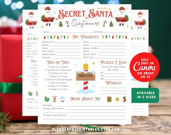 Secret Santa Questionnaire Printable, Christmas Gift Exchange Favorites Survey PDF