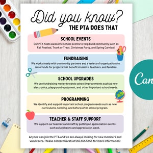Editable Did you know the PTA PTO Does That Flyer (Canva Template, Digital Download)