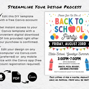 May include: A printable back to school party invitation with a red apple, colorful crayons, and balloons. The invitation says "Please Join Us For A Back To School Party" and "Friday, August 23rd". It also says "Hello School, Goodbye Summer! 3:00PM-7:00PM" and includes the address, RSVP information, and a note that this listing is for a digital product only.