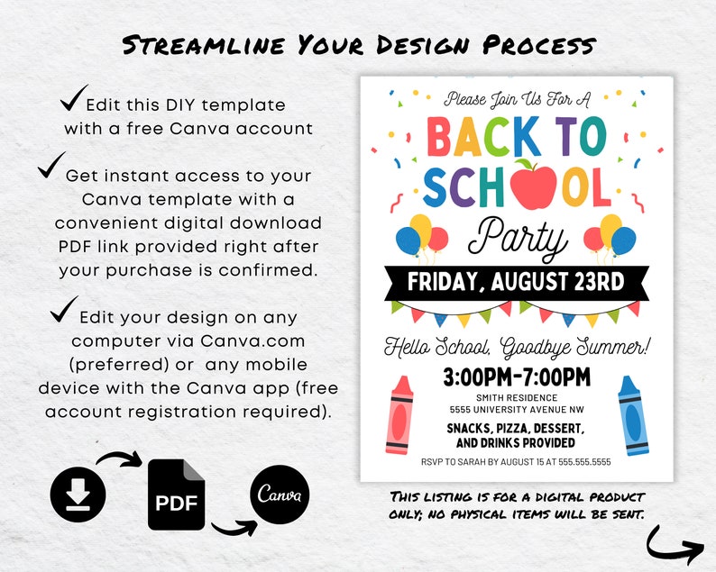 May include: A printable back to school party invitation with a red apple, colorful crayons, and balloons. The invitation says "Please Join Us For A Back To School Party" and "Friday, August 23rd". It also says "Hello School, Goodbye Summer! 3:00PM-7:00PM" and includes the address, RSVP information, and a note that this listing is for a digital product only.