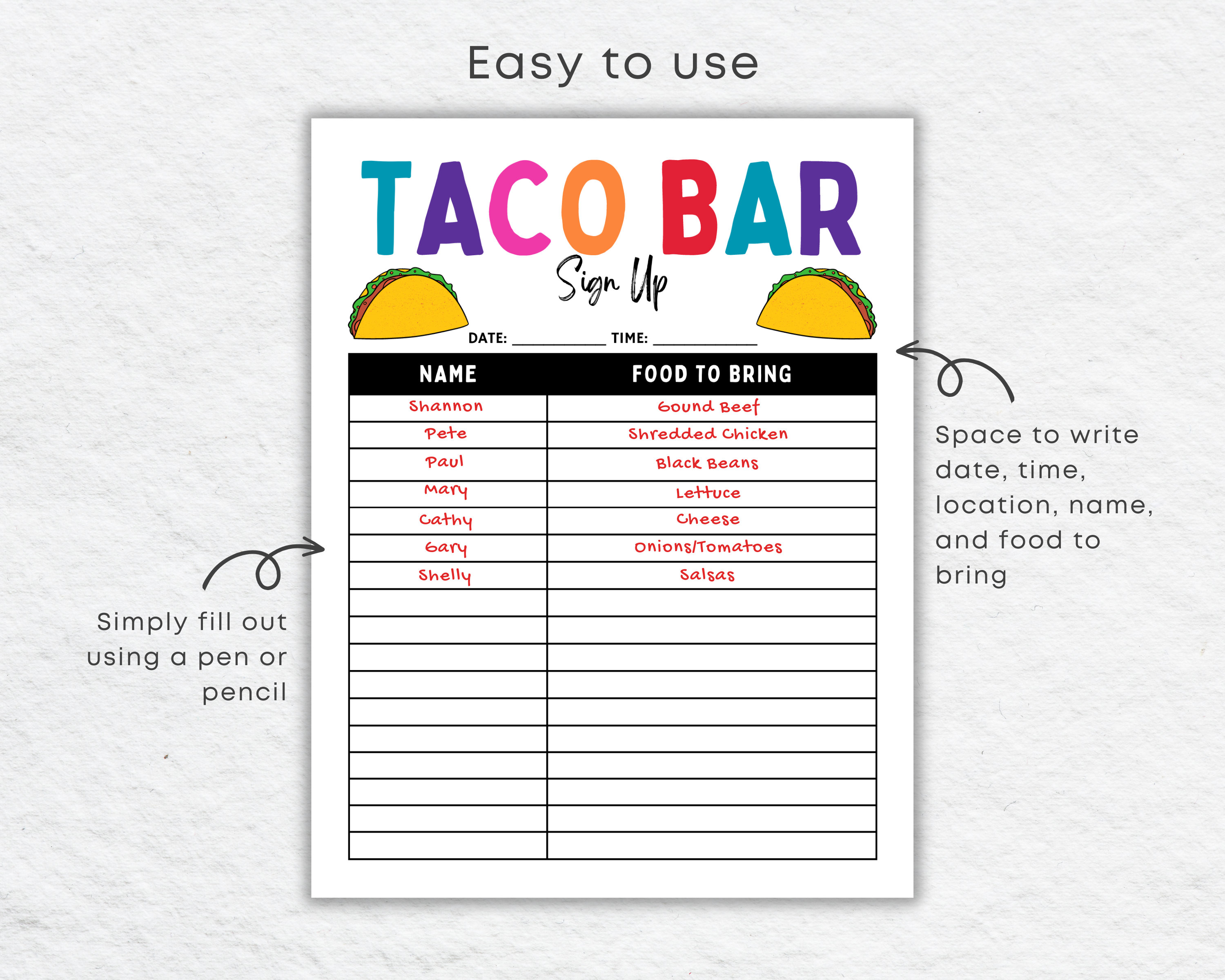 Taco Bar Sign Up Sheet Printable For Mexican Fiesta Potluck Etsy Israel