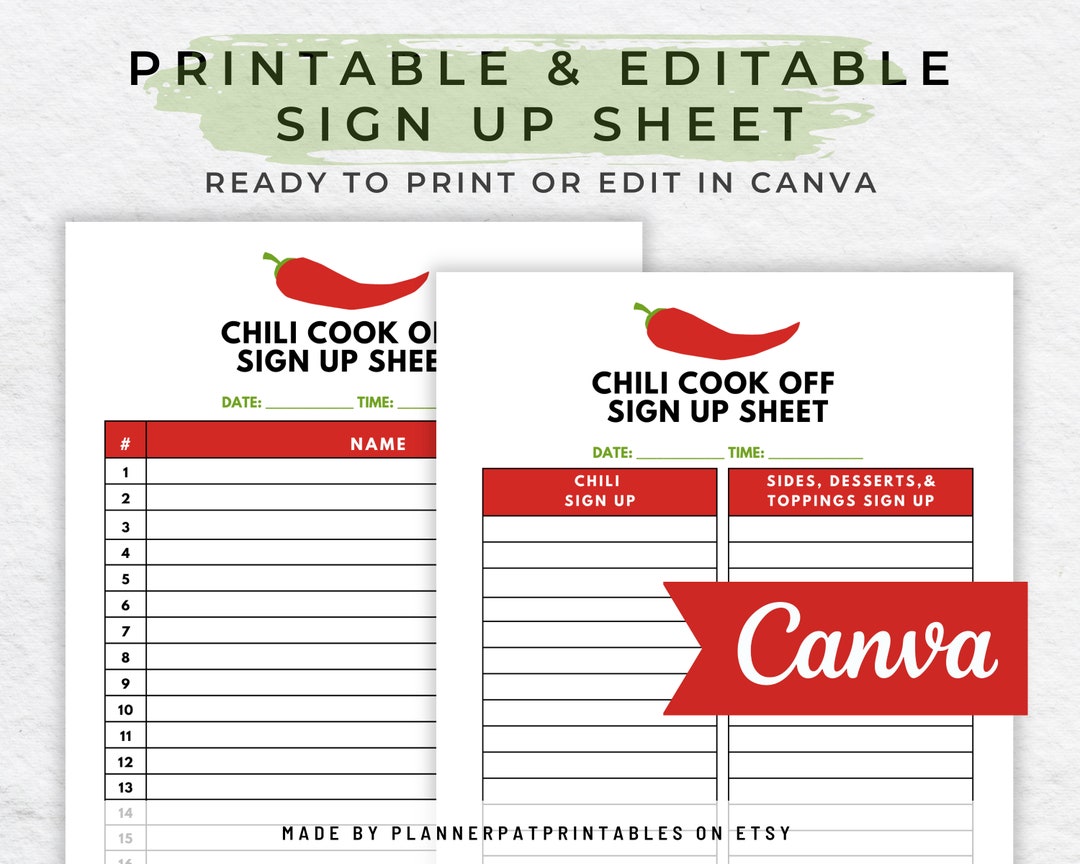 Editable Chili Cook off Sign up Sheet Printable for Community Chili Editable Chili Cook off Sign up Sheet Printable for Community Chili