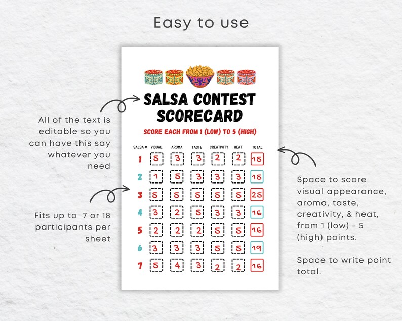 Salsa Numbers Editable Salsa Contest Scorecard Template | Tasting Judging Sheet ...