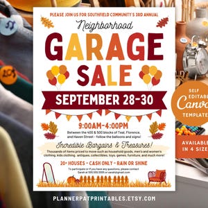 Könnte beinhalten: Ein druckbarer Flyer für einen Garagenverkauf in der Nachbarschaft. Der Flyer ist mit Herbstblättern und Ballons verziert. Der Text auf dem Flyer lautet "Nachbarschafts-Garagenverkauf" und "28.-30. September". Der Flyer enthält auch die Öffnungszeiten des Verkaufs, die Adresse und eine Kontaktnummer.