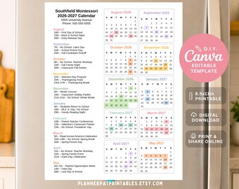 Montessori School Calendar Template, Editable 2026-2027 Academic Year Planner (Canva)