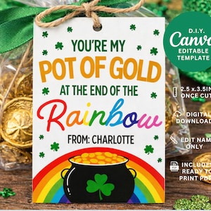 May include: A St. Patrick's Day gift tag with the text "You're My Pot of Gold at the End of the Rainbow" and a rainbow design. The tag includes a pot of gold and shamrocks. The tag is tied with twine.