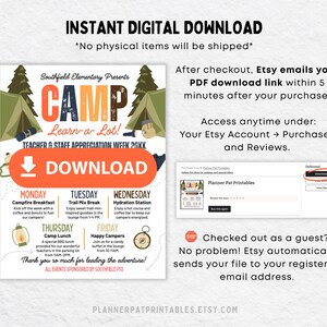 May include: A digital download graphic for a teacher appreciation week camp theme. The design features a camp logo with tents, trees, and a download button. It includes a schedule of events and instructions for accessing the digital file.