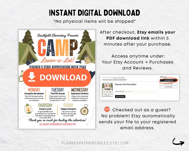 May include: A digital download graphic for a teacher appreciation week camp theme. The design features a camp logo with tents, trees, and a download button. It includes a schedule of events and instructions for accessing the digital file.