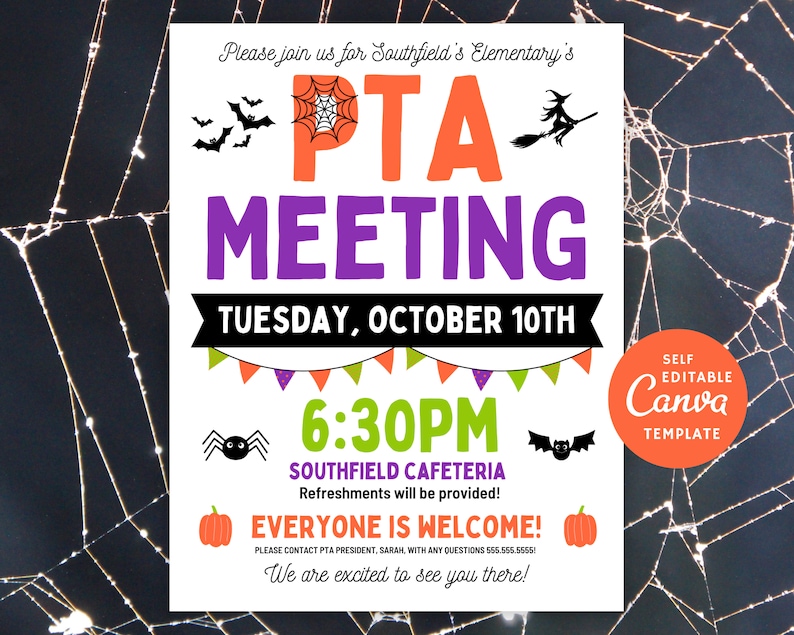 Editable PTA PTO Meeting Flyer Template | School Event Invite (canva ...