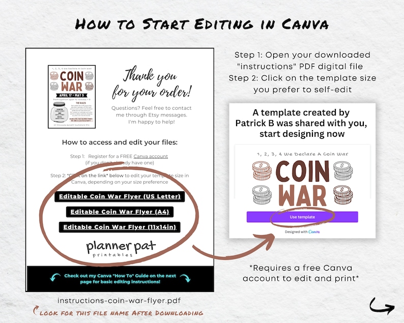 May include: A printable guide with instructions on how to edit a Coin War flyer template in Canva. The guide includes a thank you message, instructions on how to access and edit the files, and a link to the template. The template is a purple and white design with the text "1, 2, 3, 4 we Declare a Coin War" and "COIN WAR" in large, bold letters. The template also includes a button that says "Use template".