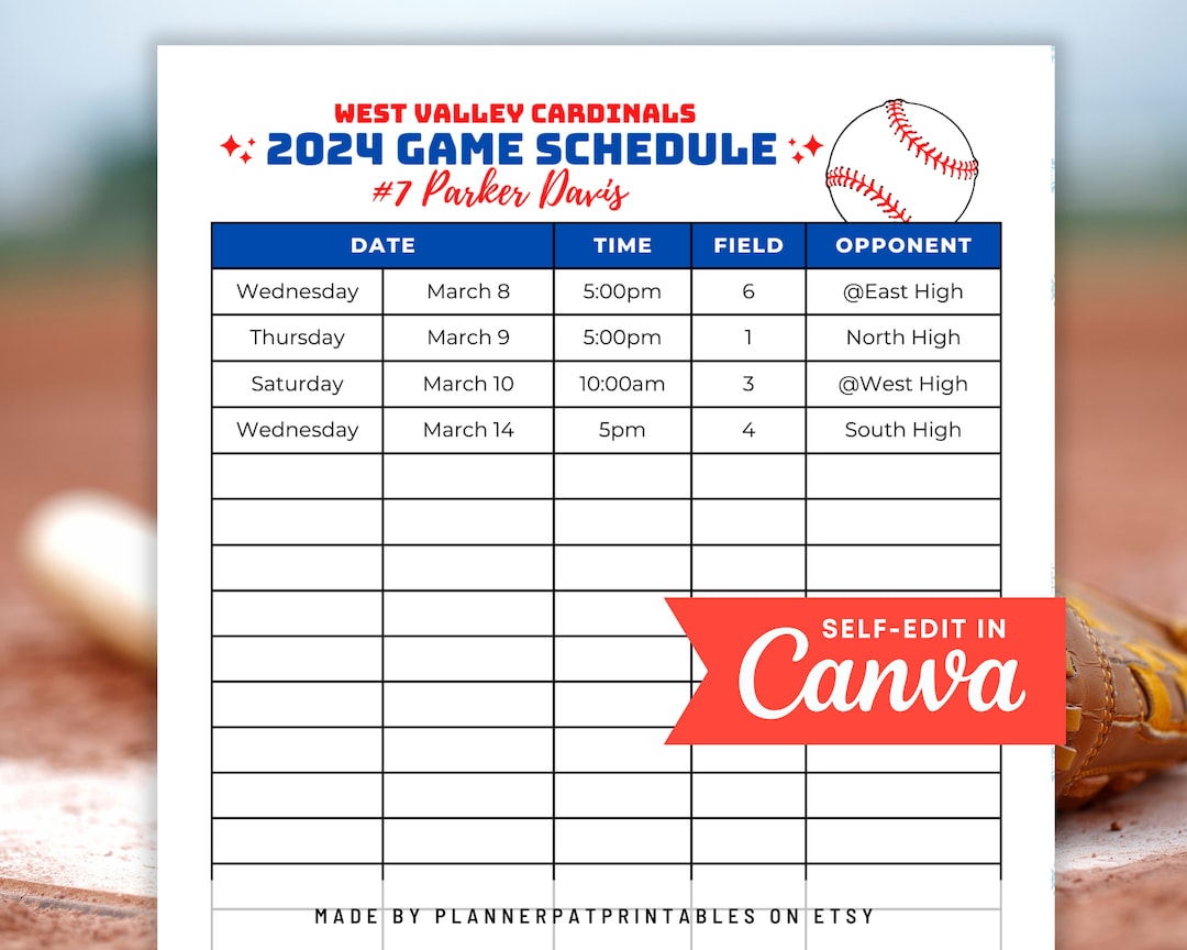Editable Baseball Game Schedule Template Printable, Practice Calendar