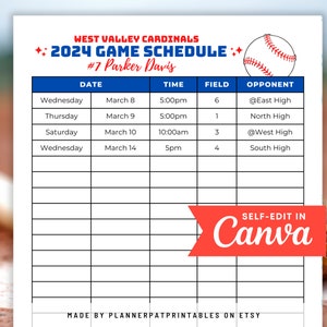 Editable Baseball Game Schedule Template Printable, Practice Calendar, Canva - Etsy