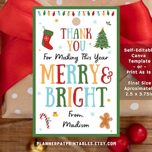 Editable Christmas School Thank You Gift Tags Template, DIY Merry and Bright Holiday Teacher Appreciation Tag Printable, Canva