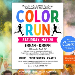 Bewerkbare Color Run Flyer afdrukbare, kleurrijke 5k 10k Run Walk-uitnodiging, Canva-sjabloon
