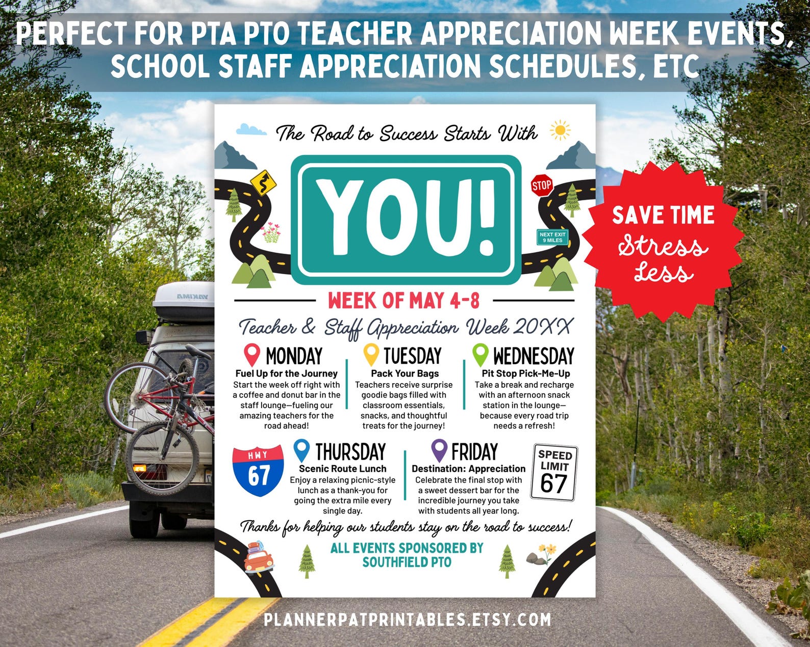 Road Trip Theme Teacher & Staff Appreciation Week Itinerary Flyer ...