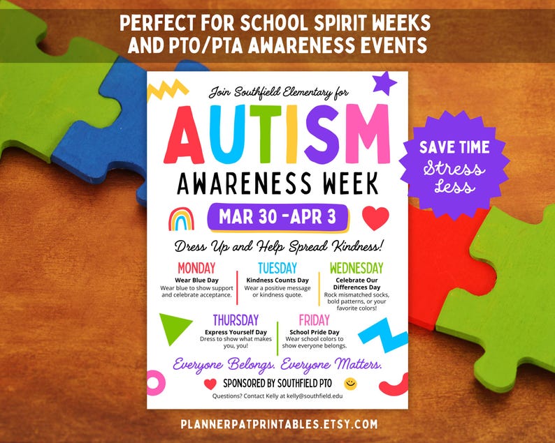Autism Awareness Spirit Week Flyer Template: Editable School Event ...