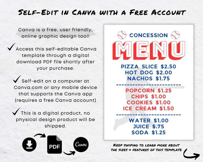 Baseball Concession Stand Menu: Editable Sports Pricing Sign (canva ...