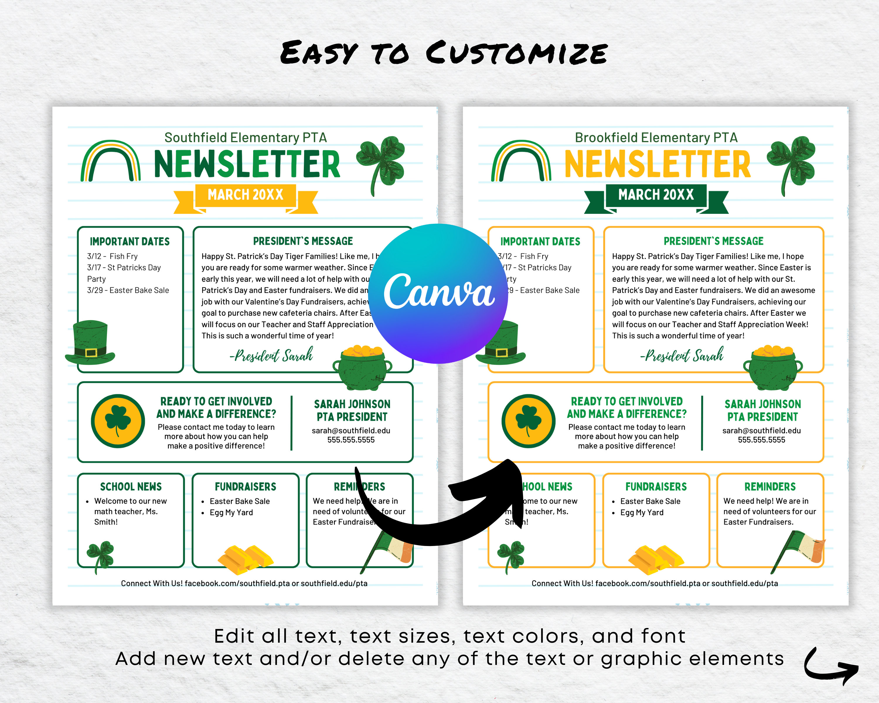 Editable March Newsletter Template, St Patricks PTO PTA School News ...
