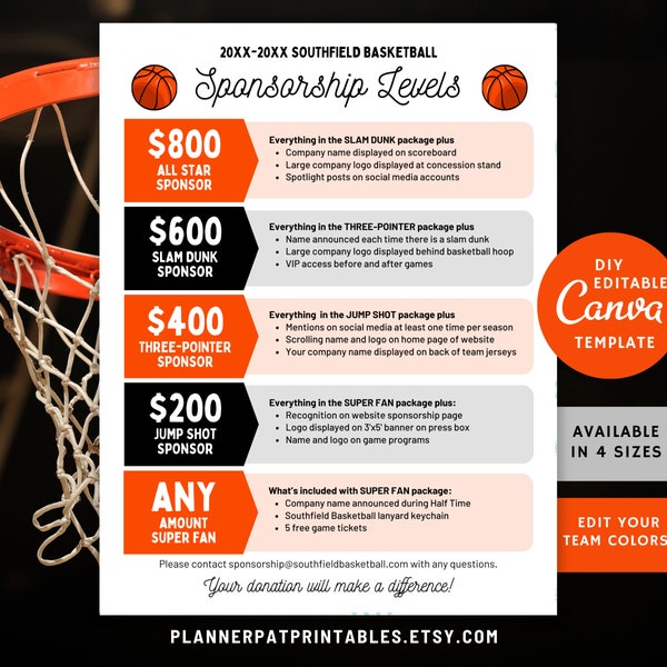 Basketball Sponsorship Levels Form Template, Editable Sponsor My Season Menu, Canva