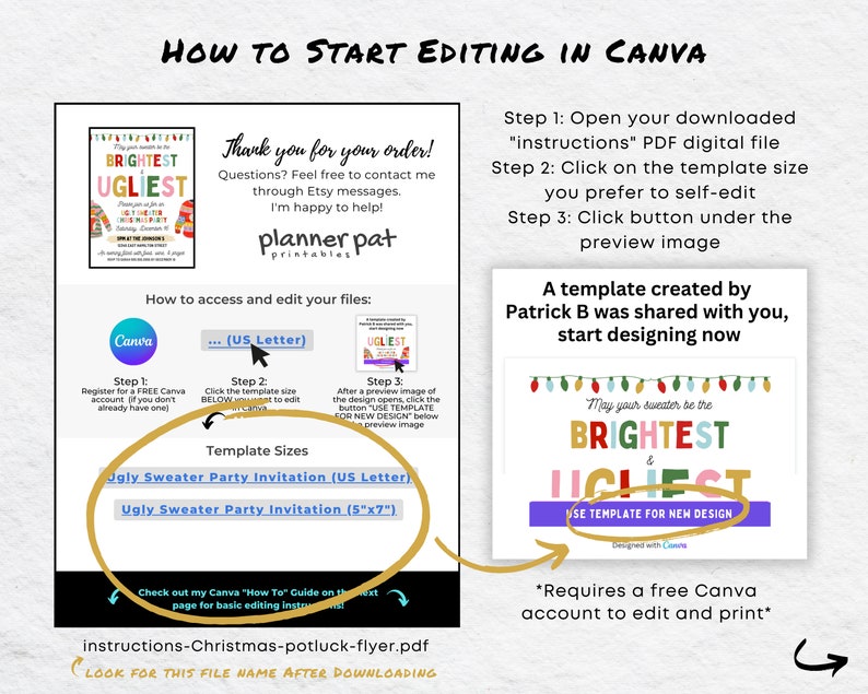 May include: A digital guide titled "How to Start Editing in Canva" with instructions for editing an "Ugly Sweater Party Invitation." The guide includes steps for accessing and editing files, with a Canva template.
