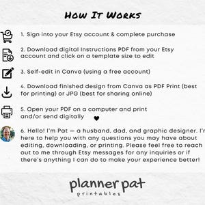 K&ouml;nnte beinhalten: Eine wei&szlig;e Grafik mit dem Text "HOW IT WORKS" und nummerierten Schritten zur Verwendung eines digitalen Produkts. Enth&auml;lt Symbole und eine Nachricht vom Verk&auml;ufer, "planner pat printables", die den Prozess erkl&auml;rt.