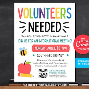 Peut inclure: Une affiche colorée annonçant la recherche de bénévoles, avec le texte "VOLUNTEERS NEEDED" en grandes lettres multicolores. Elle comprend une pomme, un crayon et une abeille, et détaille une réunion d'information à la bibliothèque de Southfield le 23 août.