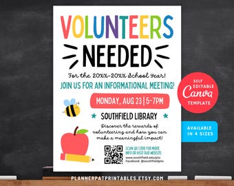 May include: A colorful flyer with the words "VOLUNTEERS NEEDED" in large, multi-colored letters. It includes an apple, pencil, and bee graphic, and details an informational meeting at Southfield Library on August 23rd. The flyer is a self-editable Canva template.