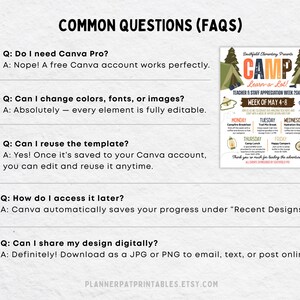 May include: A digital printable featuring a camp-themed design for Teacher & Staff Appreciation Week. The design includes the text "CAMP Learn a Lot!" and a schedule for the week of May 4-8. The image also includes FAQs about using the template.