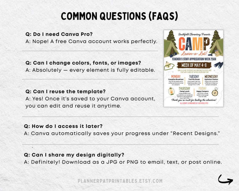 May include: A digital printable featuring a camp-themed design for Teacher & Staff Appreciation Week. The design includes the text "CAMP Learn a Lot!" and a schedule for the week of May 4-8. The image also includes FAQs about using the template.