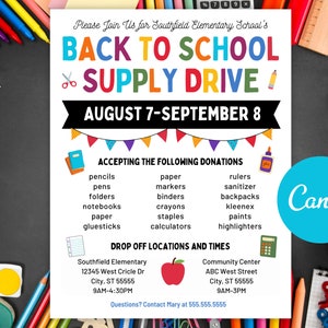 Supply Drive Flyer Editable Template For Back to School Supplies Fundraiser