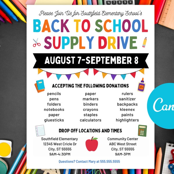 Supply Drive Flyer Editable Template For Back to School Supplies Fundraiser