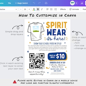 K&ouml;nnte beinhalten: Digitaler Flyer mit der Aufschrift "Spirit Wear is here!" in Gelb und Blau. Der Flyer bewirbt Schul-Fanartikel, darunter T-Shirts, Hoodies und H&uuml;te. Anweisungen zur Anpassung des Flyers sind ebenfalls enthalten.