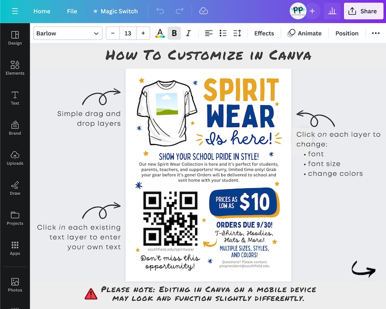 K&ouml;nnte beinhalten: Digitaler Flyer mit der Aufschrift "Spirit Wear is here!" in Gelb und Blau. Der Flyer bewirbt Schul-Fanartikel, darunter T-Shirts, Hoodies und H&uuml;te. Anweisungen zur Anpassung des Flyers sind ebenfalls enthalten.