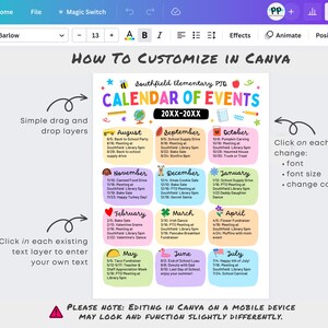 May include: A colorful calendar template with the text "Calendar of Events" and "How to Customize in Canva." The calendar includes event dates for each month, with instructions on how to edit the text, font, and colors.