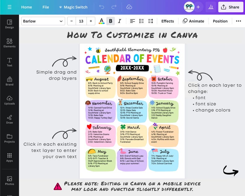 May include: A colorful calendar template with the text "Calendar of Events" and "How to Customize in Canva." The calendar includes event dates for each month, with instructions on how to edit the text, font, and colors.