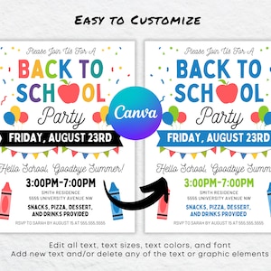 May include: A printable back to school party invitation with a colorful design featuring balloons, a red apple, and the text "Back to School Party" with the date "Friday, August 23rd".
