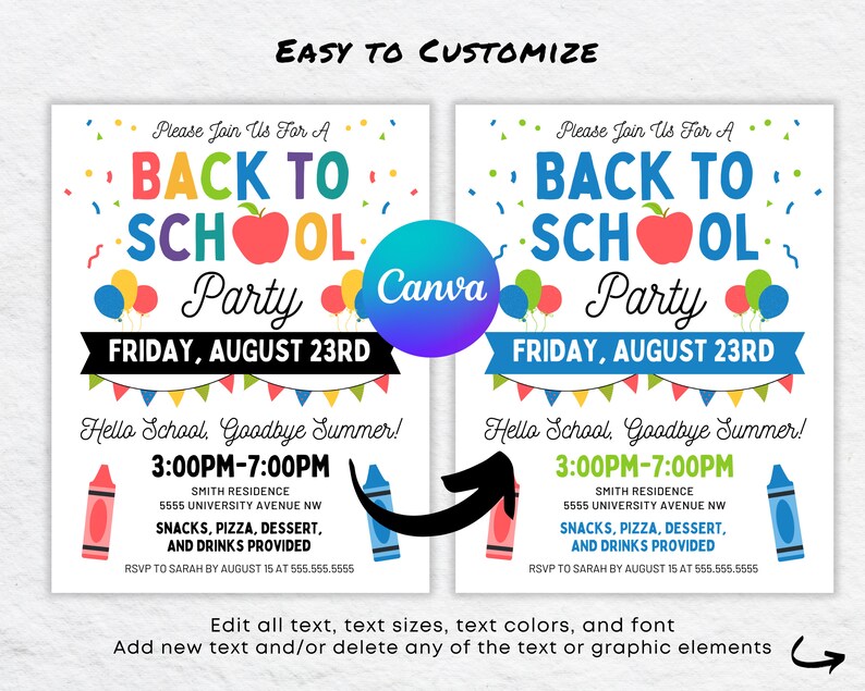 May include: A printable back to school party invitation with a colorful design featuring balloons, a red apple, and the text "Back to School Party" with the date "Friday, August 23rd".