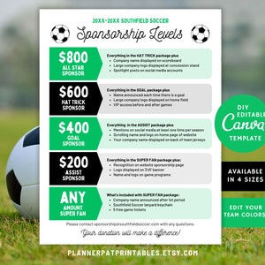 May include: A soccer sponsorship levels poster with a soccer ball in the background. The poster lists sponsorship levels from $200 to $800, detailing benefits like logo display and social media mentions. Includes a DIY Canva template.
