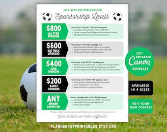 Soccer Sponsorship Levels Form Editable Template, Sponsor My Season Menu, Canva