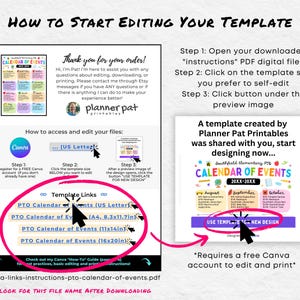 May include: A digital guide titled "How to Start Editing Your Template" with instructions for editing a Canva template. The guide includes steps for accessing and editing files, with a preview of a "Calendar of Events" template. The guide is created by Planner Pat Printables.
