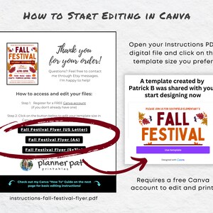 May include: A digital download guide for editing a Fall Festival Flyer template in Canva. The guide includes instructions on how to access and edit the template, as well as a thank you message for the purchase. The image also shows a preview of the Fall Festival Flyer template.