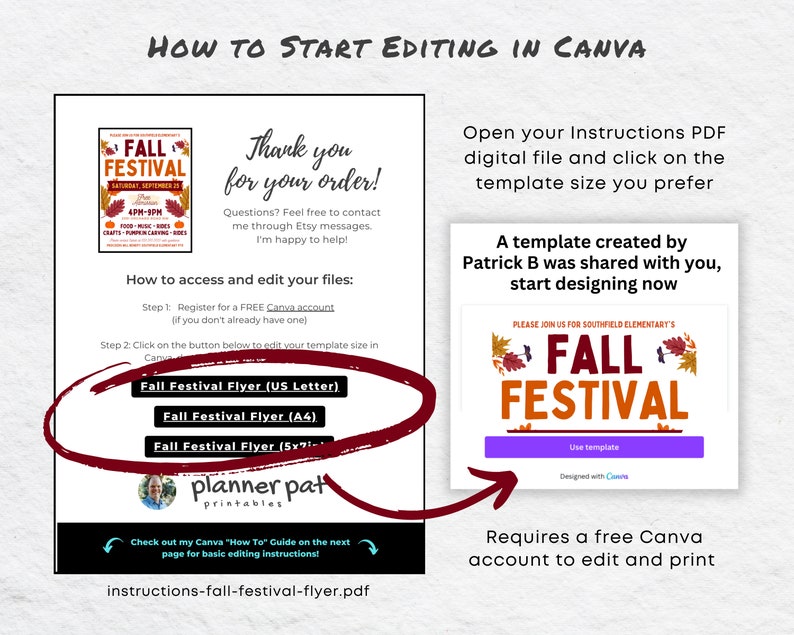 May include: A digital download guide for editing a Fall Festival Flyer template in Canva. The guide includes instructions on how to access and edit the template, as well as a thank you message for the purchase. The image also shows a preview of the Fall Festival Flyer template.