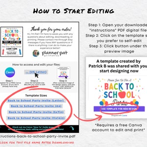 May include: A Canva template for a back to school party invitation. The template features a red apple and the text "Back to School Party". The template is available in various sizes, including Letter, A4, 5x7 inches, and 11x14 inches. The image also includes instructions on how to access and edit the template using Canva.