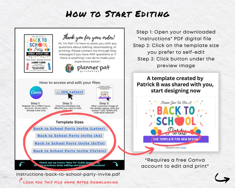 May include: A Canva template for a back to school party invitation. The template features a red apple and the text "Back to School Party". The template is available in various sizes, including Letter, A4, 5x7 inches, and 11x14 inches. The image also includes instructions on how to access and edit the template using Canva.