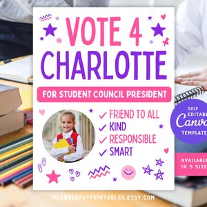 Editable Girl Themed Vote for Me Flyer Template | Canva Student Election Campaign Poster | Kids Student Council Printable